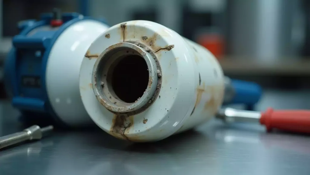Ancien bloc filtration Desjoyaux F15 usagé montrant les signes de détérioration nécessitant un remplacement pour maintenir la qualité de filtration.