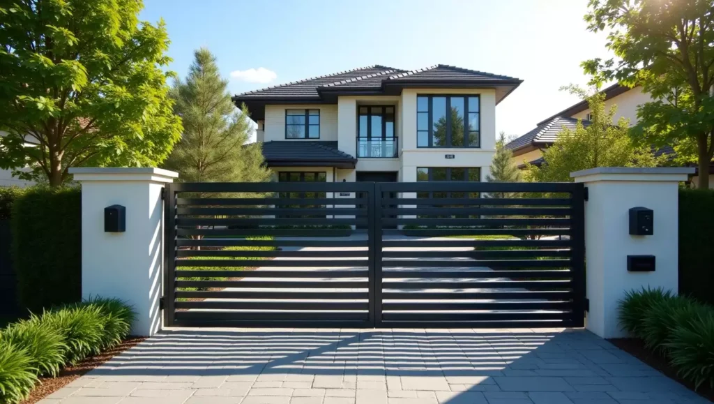Grande maison type villa, avec de grandes fenêtres, entourée d'un jardin arboré, et en premier plan, un portail en aluminium encadré de deux colonnes blanches
