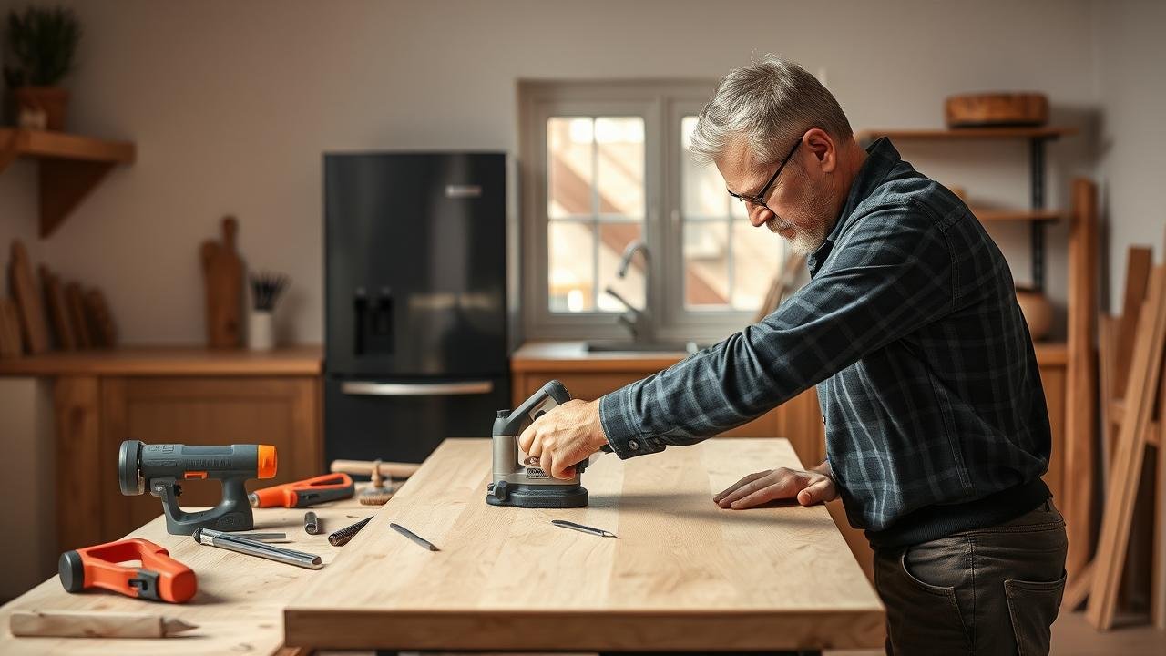 Bricoleur expérimenté monté un plan de travail en bois dans une cuisine moderne, utilisant un gabarit pour le perçage précis, entouré d'outils comme une perceuse et des serre-joints, illustrant l'assemblage plan de travail soigné avec un éclairage naturel.