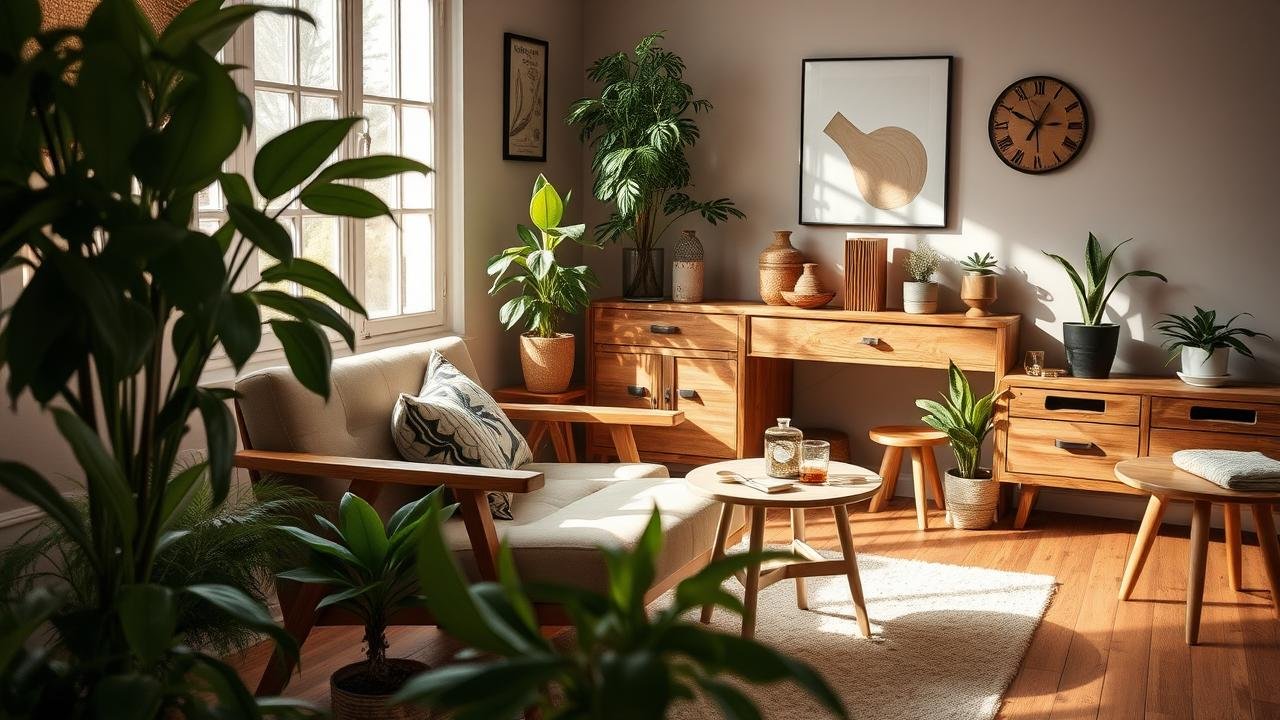 Pièce de vie moderne et accueillante avec une chaise Maisons du Monde au design scandinave en bois massif et velours, entourée de plantes vertes et baignée par une lumière douce.