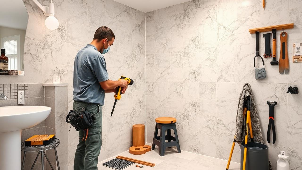 Bricoleur perçant un mur carrelé dans une salle de bain moderne, avec des chevilles pour carrelage en nylon, Molly et bimatière étalées à côté, créant un espace de travail organisé.