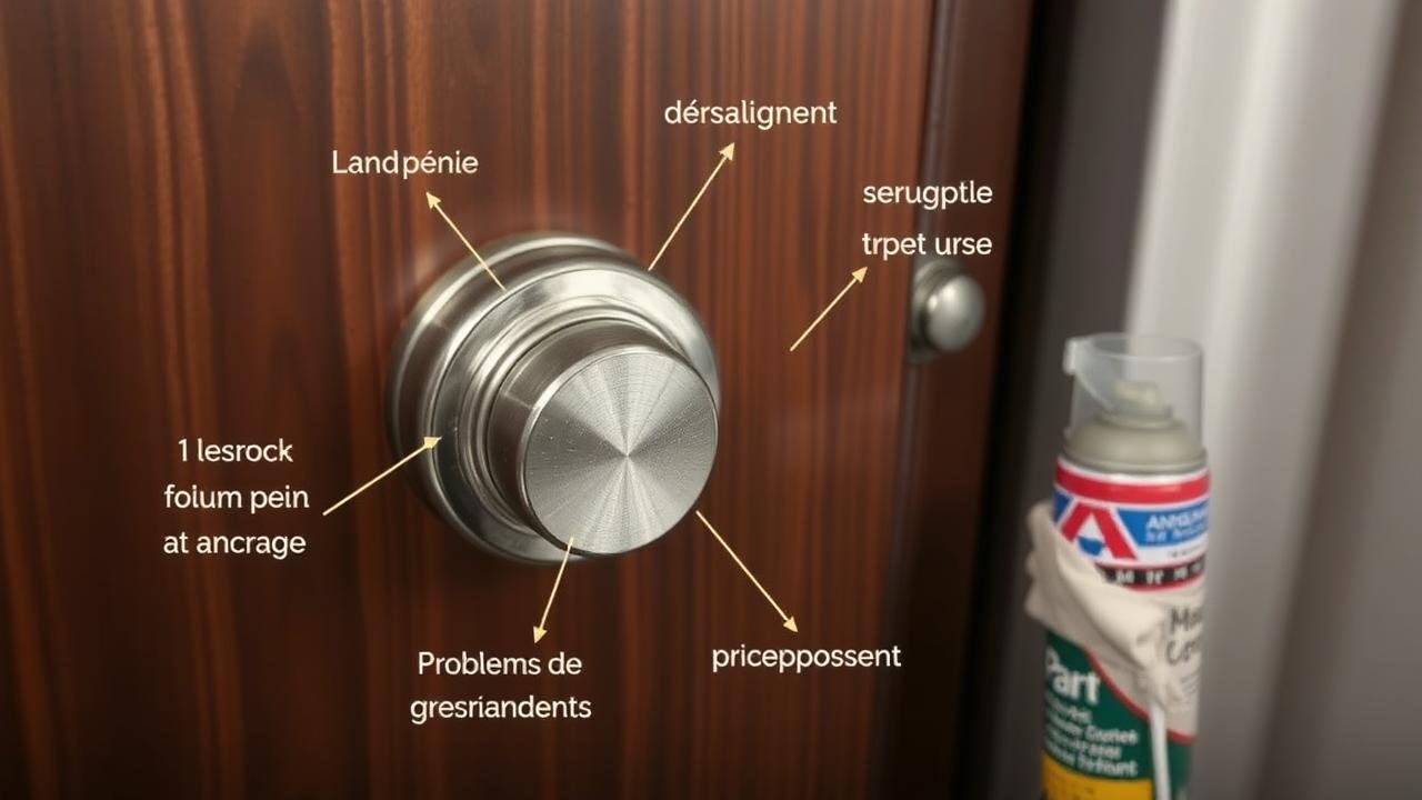 Image montrant une porte d'entrée à 5 points, mettant en avant le mécanisme de la serrure, les pênes, les points d'ancrage, et illustrant des problèmes de désalignement et d'usure, avec un spray dégrippant à proximité, utile pour comprendre comment ouvrir une porte d'entrée 5 points bloquée.
