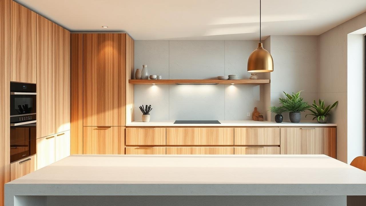 Cuisine moderne en béton cellulaire avec des éléments en bois, intégrée dans un espace lumineux, présentant des surfaces lisses, un aménagement fonctionnel, des plantes en pot et un éclairage doux.