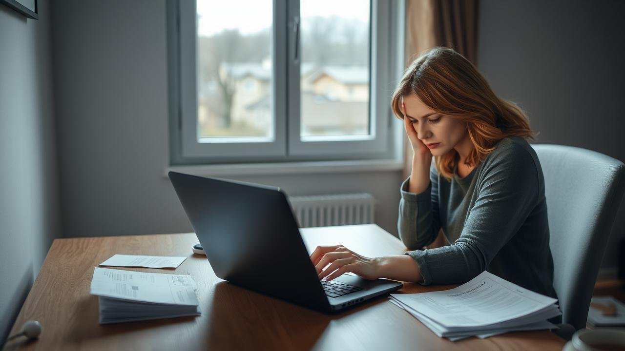Personne anxieuse assise à une table, consultant ses mails sur un ordinateur portable entouré de papiers sur le délai de réponse après commission logement, avec une fenêtre laissant entrer un éclairage naturel doux.