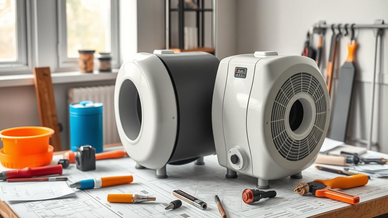 Image montrant un circulateur de chauffage moderne de modèle 25-40 et un modèle 25-60 côte à côte sur un plan de travail, entourés d'outils de plomberie et de fiches techniques, illustrant ainsi la différence entre circulateur 25 40 et 25 60 dans un environnement lumineux et ordonné.