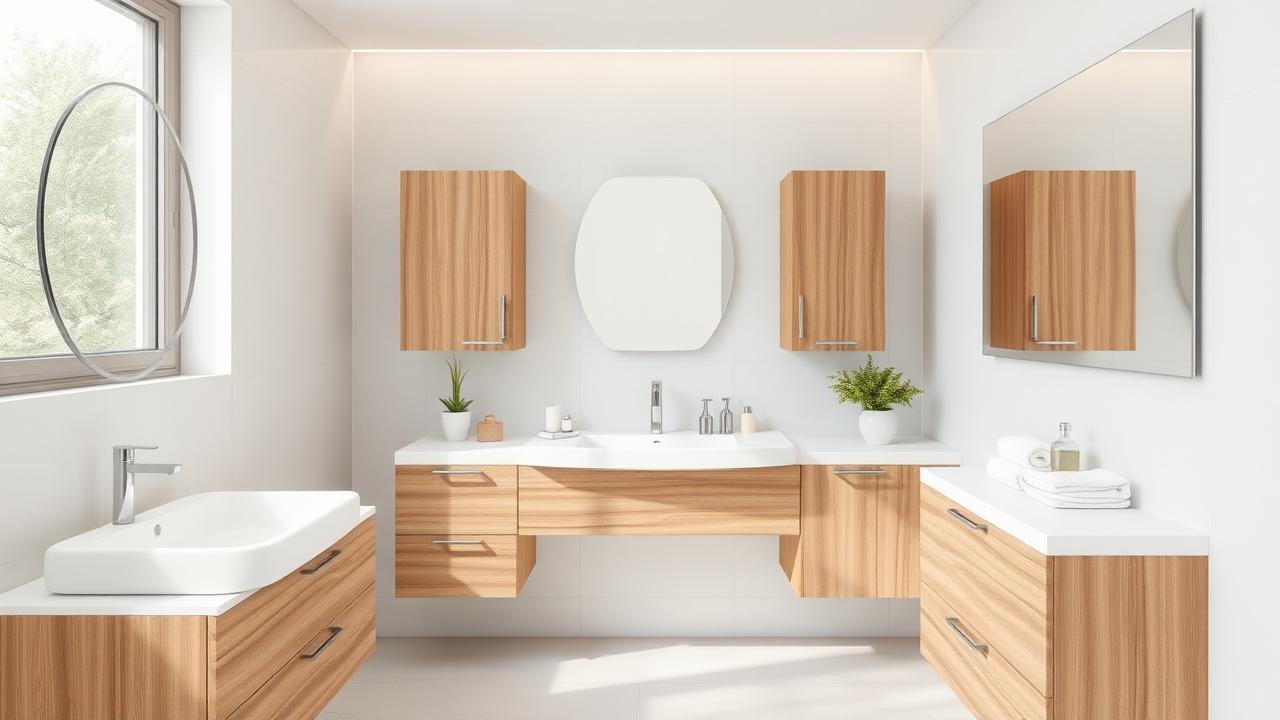 Lavabo de salle de bain moderne rectangulaire blanc dans une pièce bien éclairée avec carrelage clair et meubles en bois, illustrant les dimensions lavabo de salle de bain accueillantes et fonctionnelles, agrémenté de serviettes moelleuses et de plantes vertes.