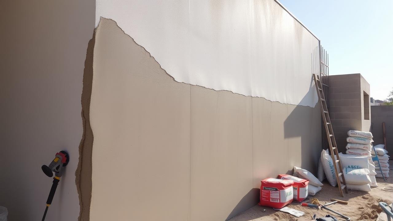 Mur en parpaing recouvert d'un enduit au ciment sur parpaing, finition lisse et professionnelle, avec un outil de talochage à côté, dans un environnement extérieur ensoleillé, entouré d'outils de construction et de sacs de ciment.