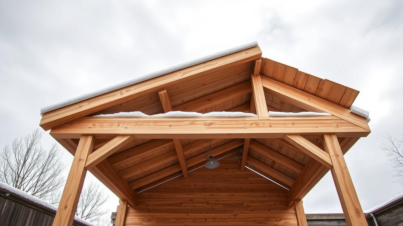 Toiture en bac acier avec des chevrons espacés entre 60 et 80 cm, montrant la structure en bois inclinée, les pannes horizontales et les liteaux, dans un environnement extérieur sous un ciel nuageux, illustrant l'importance de l'espacement chevron bac acier pour la stabilité et la durabilité.