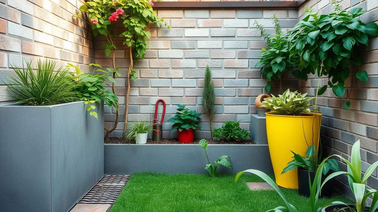 Image d'une jardinière en parpaing fraîchement installée, avec un revêtement d'étanchéité bitumeux sur les murs, présentant des plantes saines et un système de drainage visible, illustrant le concept d'étanchéité jardinière parpaing dans un jardin urbain lumineux.