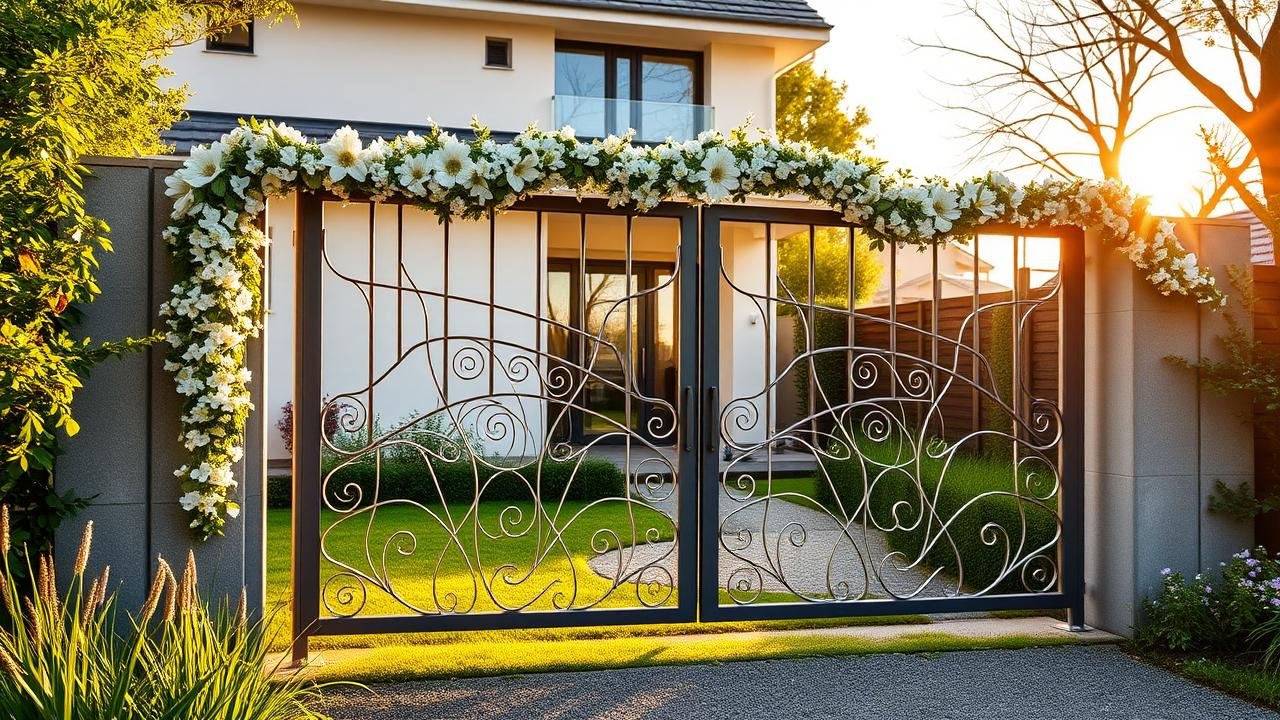 Portail en métal avec festonnage décoratif en acier, aluminium et PVC, aux formes arrondies et géométriques, installé dans un jardin bien entretenu avec une vue sur une maison moderne, éclairé par le soleil.