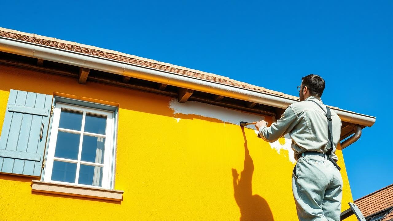 Façade d'une maison récemment peinte avec un enduit gratté extérieur, un peintre professionnel applique de la peinture avec un rouleau à poils longs sous un ciel bleu dégagé, illustrant le soin apporté à peindre un enduit gratté extérieur.