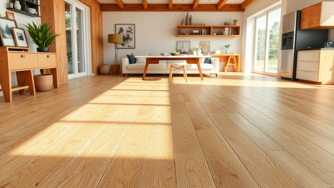 Image comparant un sol en OSB avec ses longues fibres de bois naturelles et un sol en aggloméré à surface lisse, illustrant le choix entre plancher en osb ou aggloméré dans un salon.