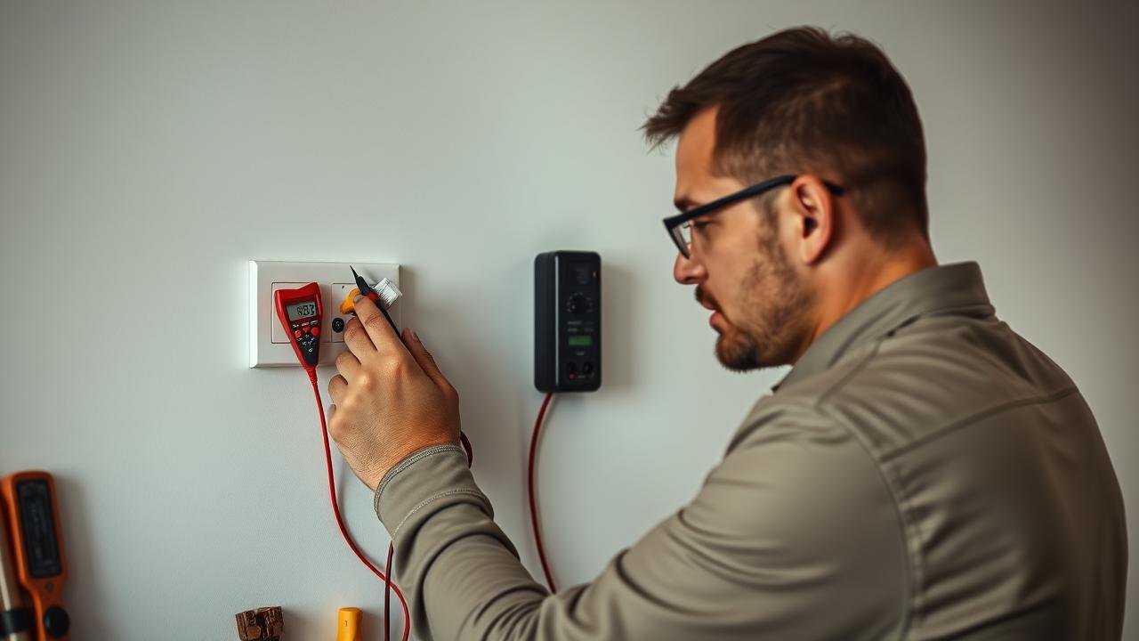 Électricien vérifiant un bouton poussoir défectueux sur un mur avec un multimètre, entouré d'outils, illustrant un problème interrupteur bouton poussoir dans un environnement de travail à domicile avec un éclairage naturel.