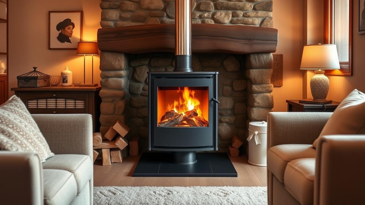 Intérieur chaleureux avec un poêle à pétrole Zibro allumé, entouré de bidons de combustible liquide désaromatisé de la marque Qlima, décoré de meubles confortables, évoquant un ambiance hivernale, mettant en valeur le modèle ptx 2000.
