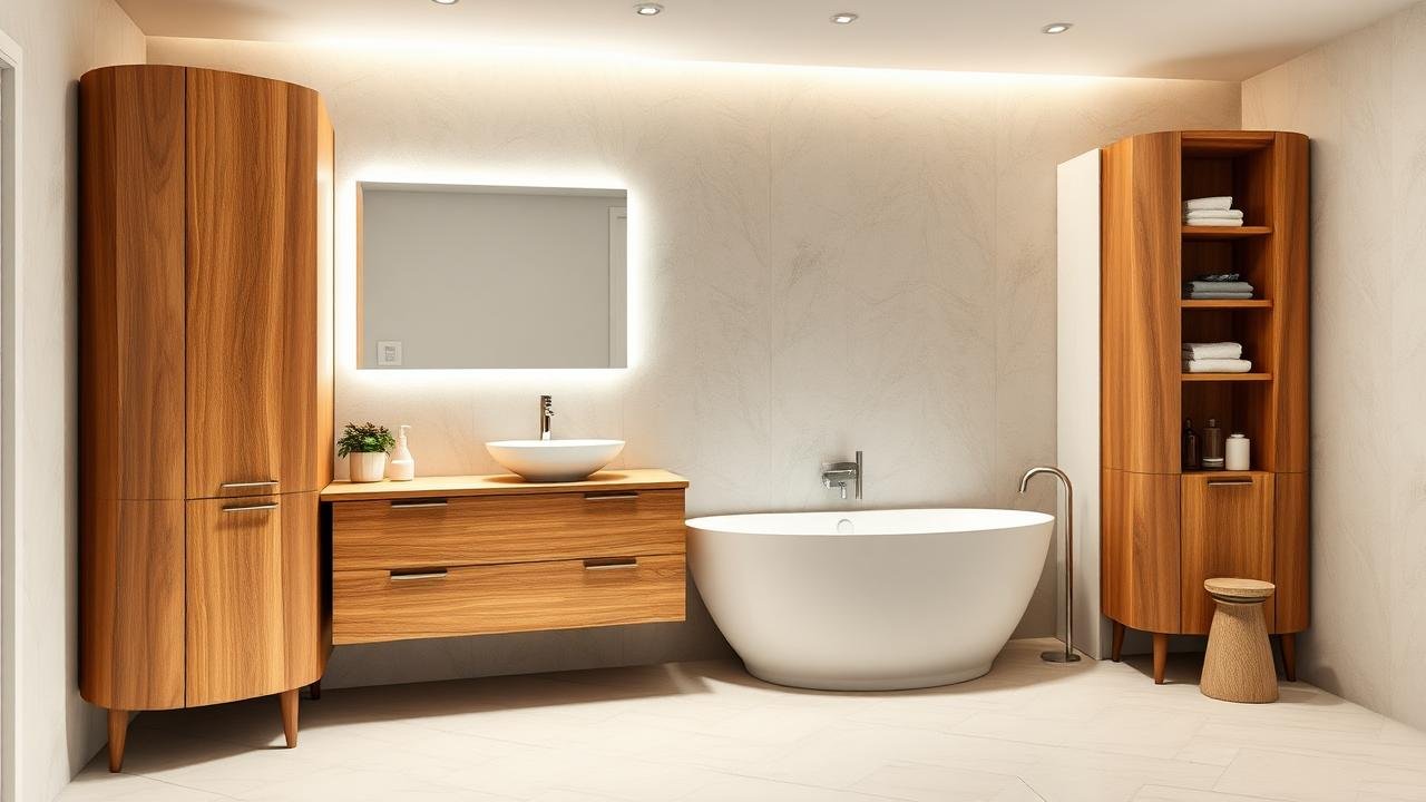 Salle de bain aubade moderne avec des meubles en bois massif, vasque en céramique mate originale, baignoire îlot, miroirs lumineux et accessoires design dans une pièce bien éclairée.