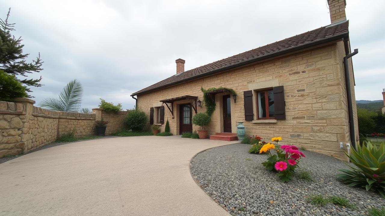 Image d'un trottoir bien conçu en béton et gravier entourant une vieille maison en pierre aux murs humides, sous un ciel légèrement nuageux, avec un accès plat, des fleurs colorées et des plantes soignées, illustrant un environnement sain autour du trottoir maison.