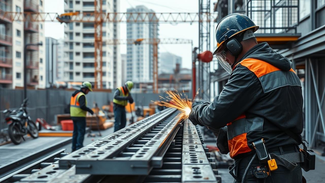 Charpente en acier S235 avec des charpentiers au travail sur un chantier moderne, illustrant les caractéristiques de l'acier S235 et l'utilisation d'outils comme des meuleuses et des soudeuses.