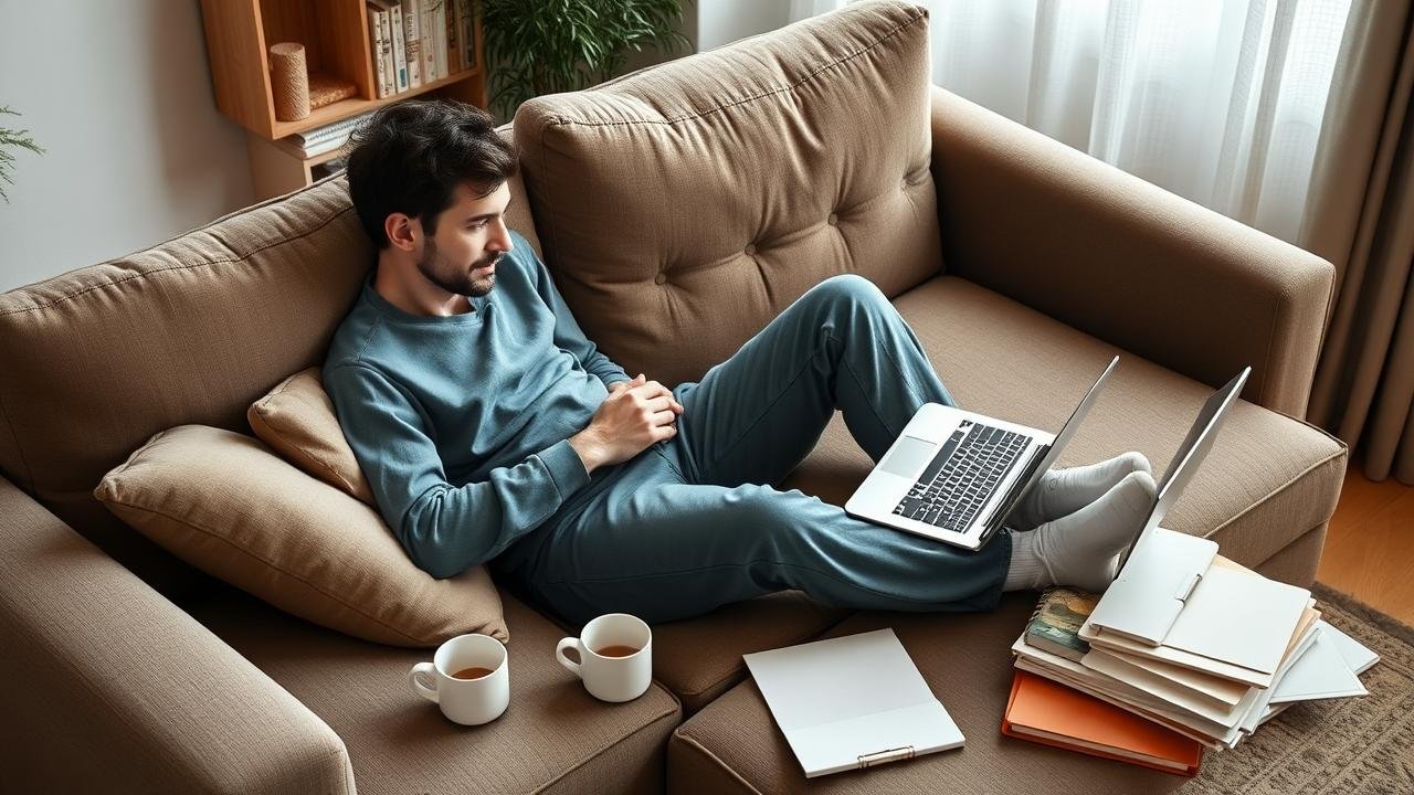 Personne assise sur un canapé moderne utilisant un ordinateur portable pour naviguer sur la plateforme de demande de logement en ligne, entourée de tasses de café et de dossiers en désordre, illustrant l'al'in action logement dans un cadre accueillant.