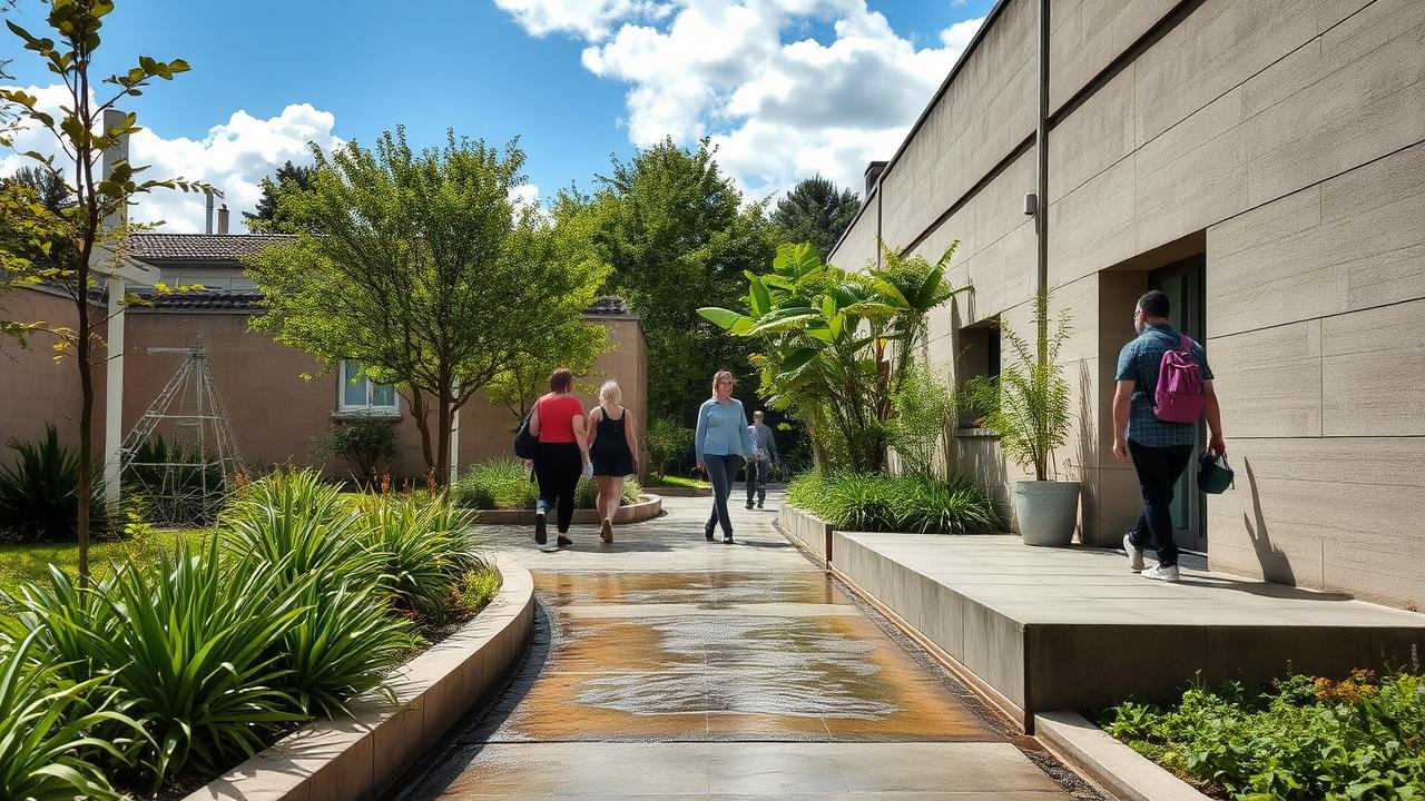 Allée en béton drainant dans un jardin bien entretenu, montrant son aspect poreux avec de l'eau s'infiltrant, symbolisant les avantages et inconvénients du béton drainant, sous un ciel ensoleillé, des personnes marchent paisiblement.