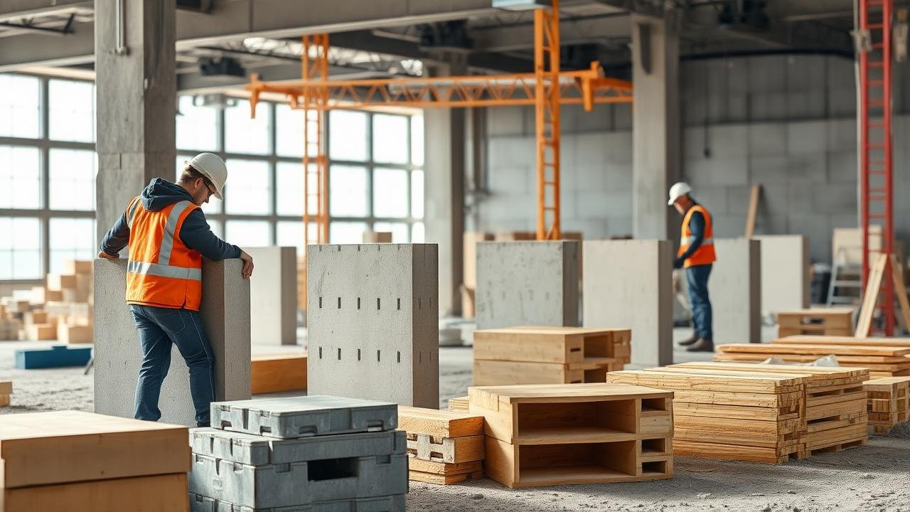 Chantier de construction avec ouvriers posant des hourdis en béton entre des poutrelles, différents types de hourdis empilés à proximité, illustrant la légèreté et la simplicité de la pose, offrant un aperçu utile pour ceux cherchant des avis sur hourdis.