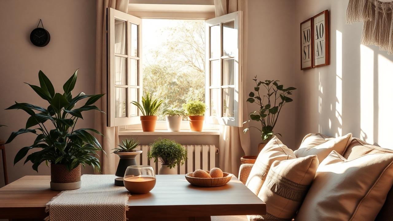 Intérieur chaleureux d'une maison avec des plantes aromatiques sur une table, un diffuseur d'huiles essentielles dans un coin lumineux, des coussins et rideaux propres, et une fenêtre ouverte, créant une ambiance de bien-être et de fraîcheur, idéale pour une bonne odeur dans la maison.