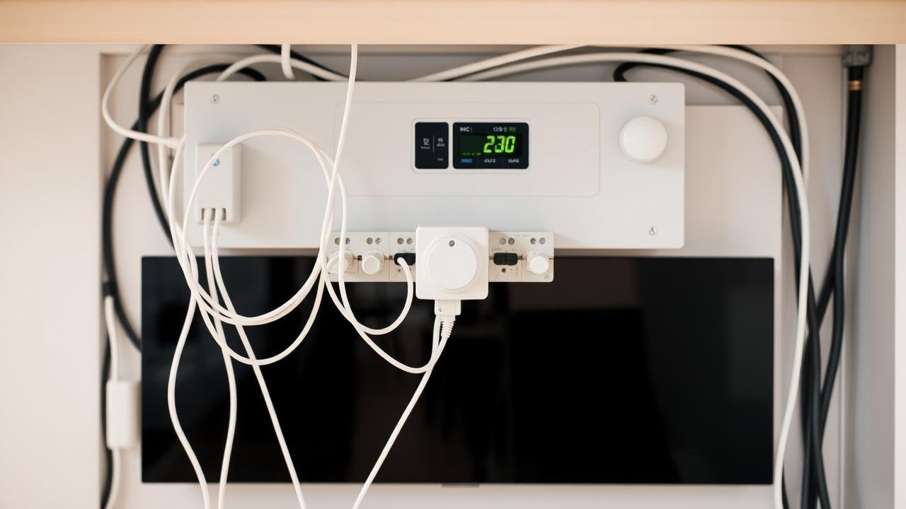 Installation moderne de VMC hygroréglable avec cinq fils, montrant les connexions au disjoncteur sans interrupteur, dans un cadre intérieur propre et ordonné, illustrant le branchement VMC 5 fils sans interrupteur.