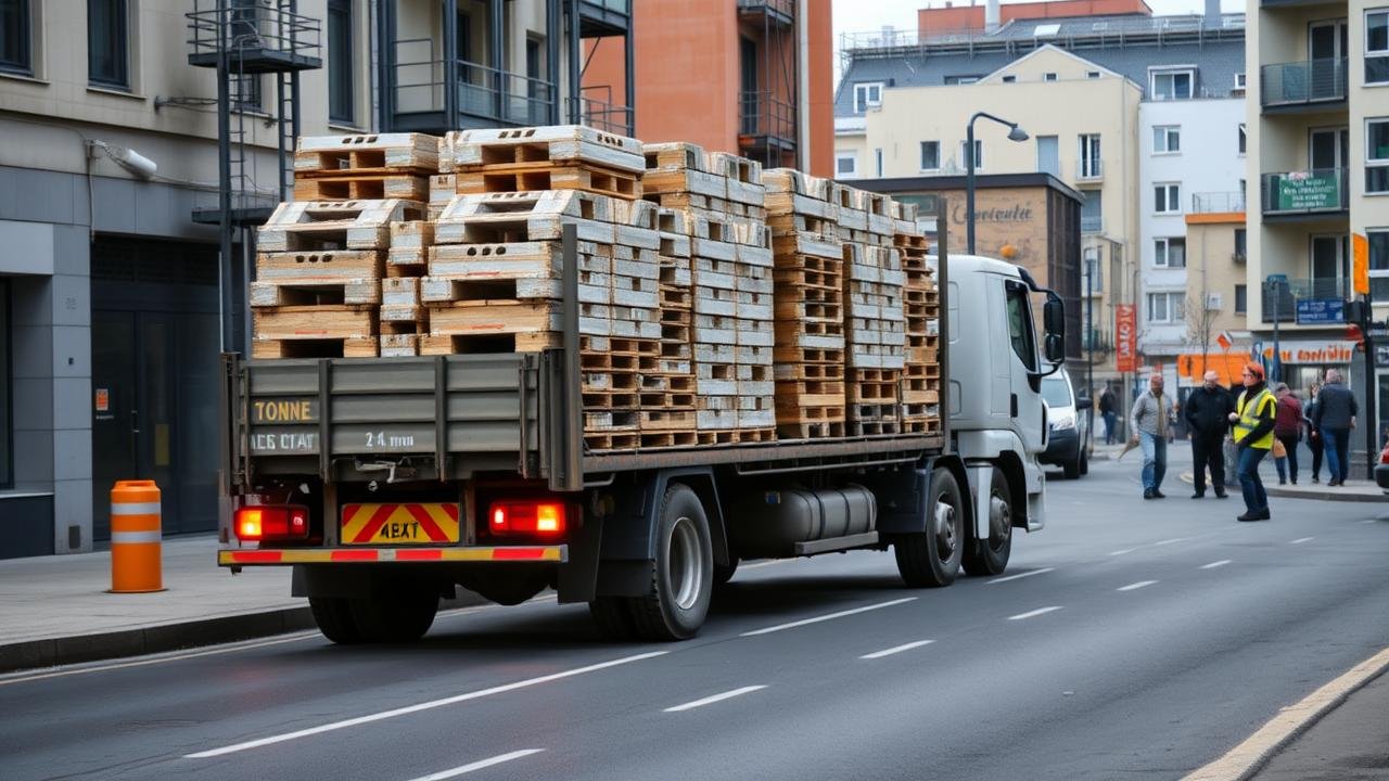 Camion de transport chargé de palettes de carrelage en pleine rue, avec une tonne de matériau visible à l'arrière, des ouvriers discutent autour et des bâtiments en arrière-plan, illustrant combien de kilo dans une tonne dans un environnement de chantier.