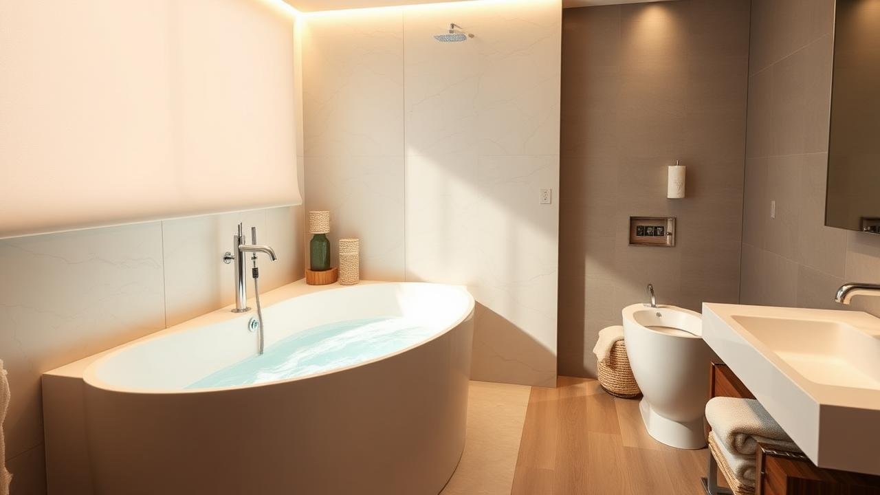 Salle de bain moderne avec baignoire standard remplie d'eau, illustrant le contraste entre baignoire grande et compacte, accessoires élégants, ambiance relaxante et lumière douce, tout en se demandant combien de litres d'eau pour un bain.
