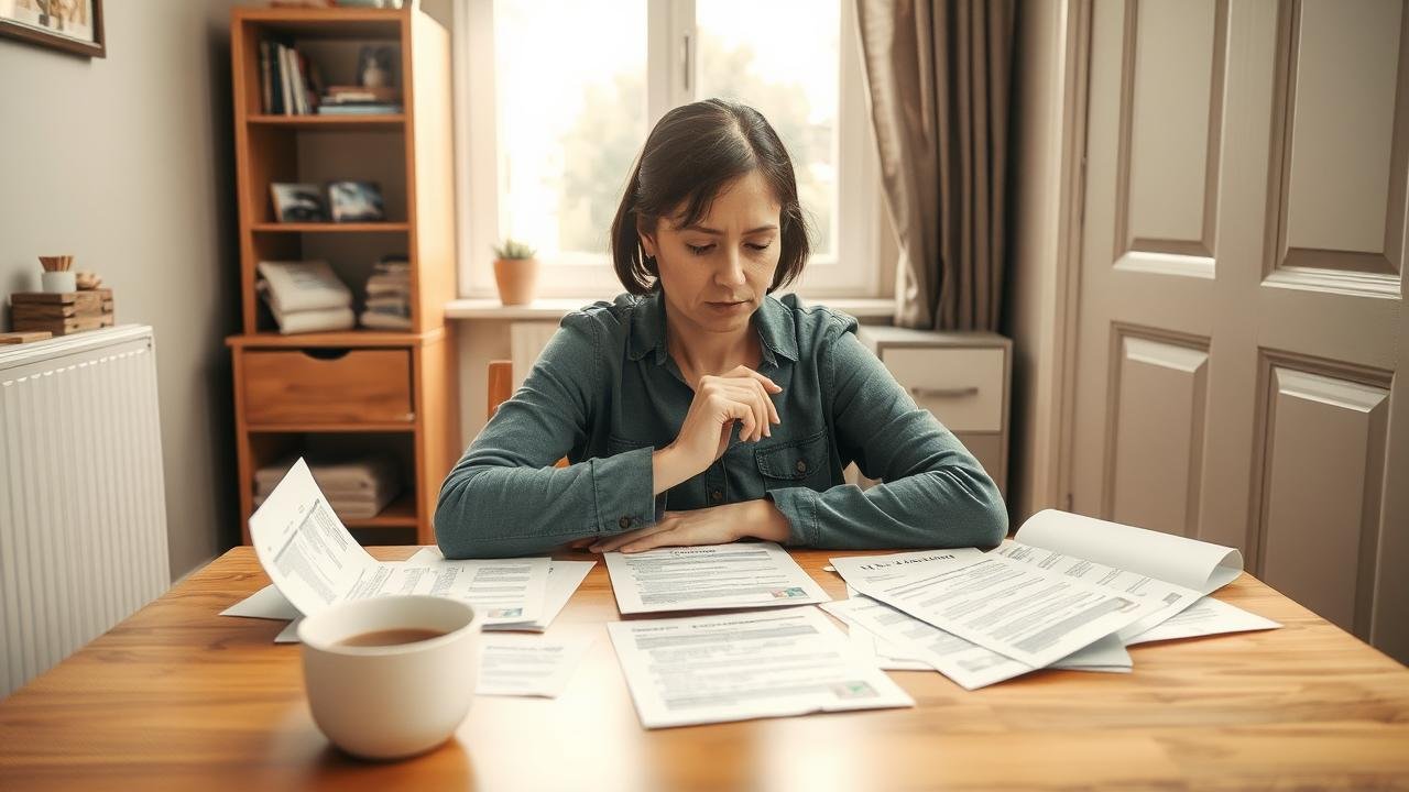 Personne pensivement assise à une table entourée de lettres de refus et de papiers, illustrant la déception face à un dossier non retenu en cal dans une pièce lumineuse avec une tasse de café à côté.