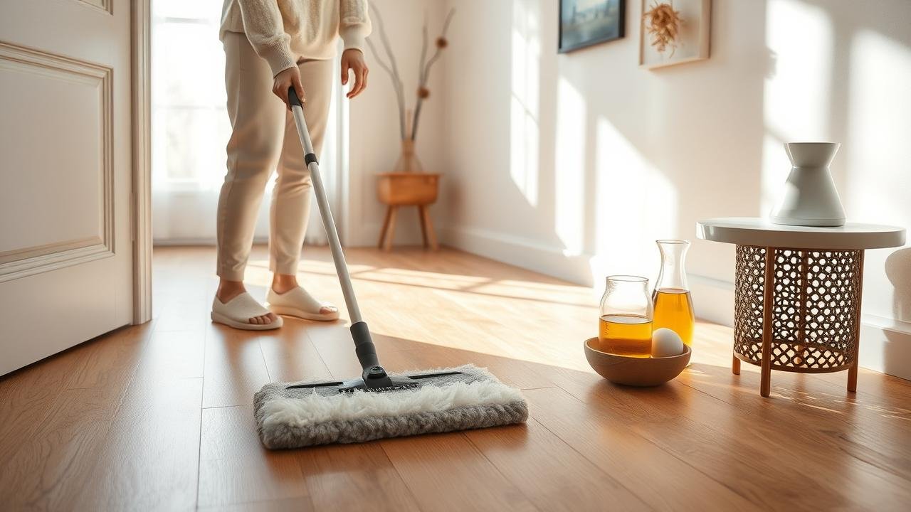 Intérieur chaleureux avec un parquet vitrifié brillant, une personne utilisant un balai microfibre pour le dépoussiérer, lumière naturelle filtrant à travers la fenêtre, produits naturels pour l'entretien des parquets vitrifiés visibles sur une table à proximité.