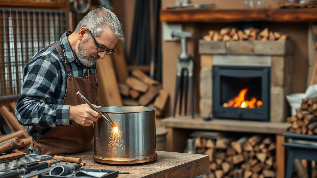 Artisan au travail soudant des éléments métalliques pour fabriquer un panier à pellet pour insert, entouré d'outils et de matériaux comme une grille en acier et des granulés de bois, dans une ambiance chaleureuse.