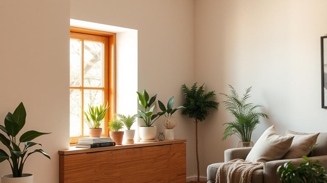 Appui de fenêtre intérieur en bois massif avec des plantes en pot et des livres, éclairé par la lumière naturelle d'une fenêtre, illustrant comment faire un appui de fenêtre intérieur dans un décor moderne et chaleureux.