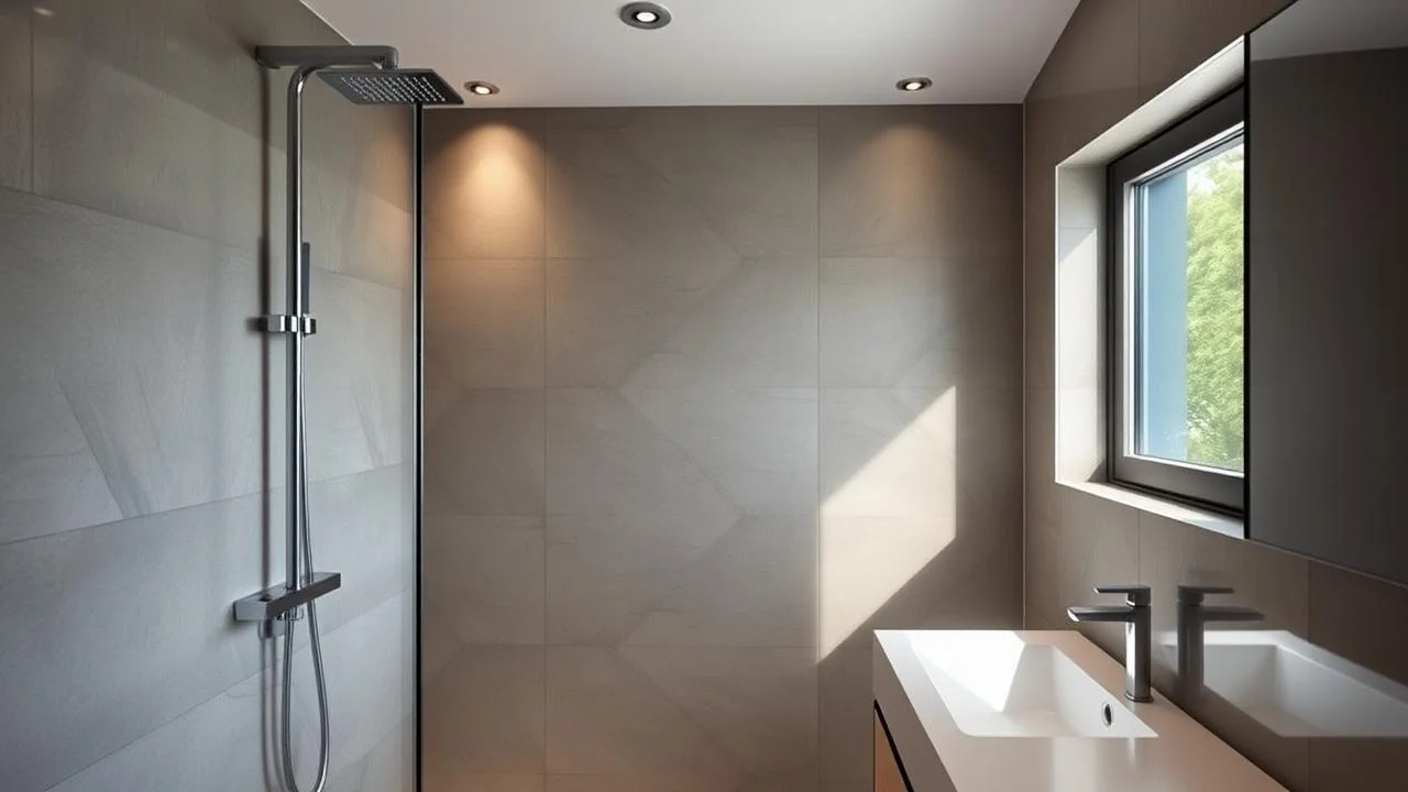 Douche moderne minimaliste avec colonne de douche élégante, carrelage contemporain et une fenêtre dans la douche laissant entrer la lumière naturelle, créant une ambiance apaisante.