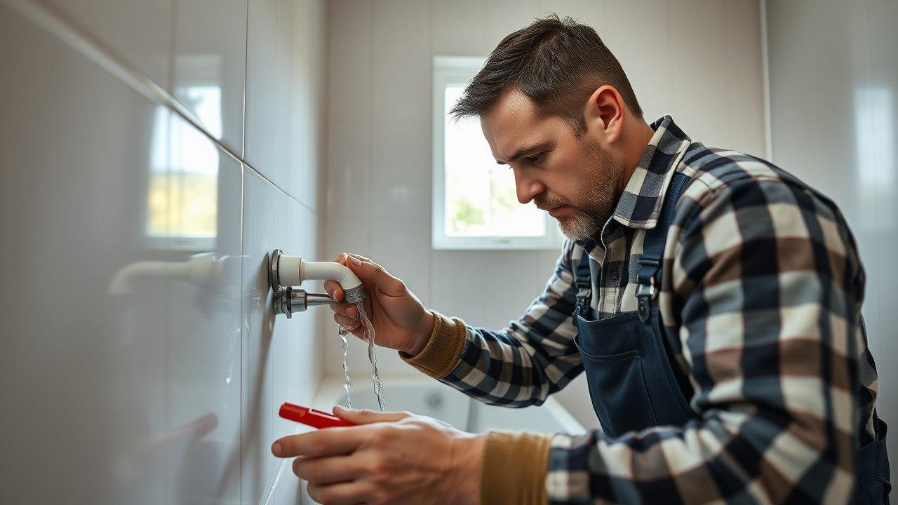 Plombier inspectant un raccord PVC mal collé dans une salle de bain avec une fuite d'eau, des outils autour, ambiance sérieuse et urgente, lumière naturelle entrant par la fenêtre.