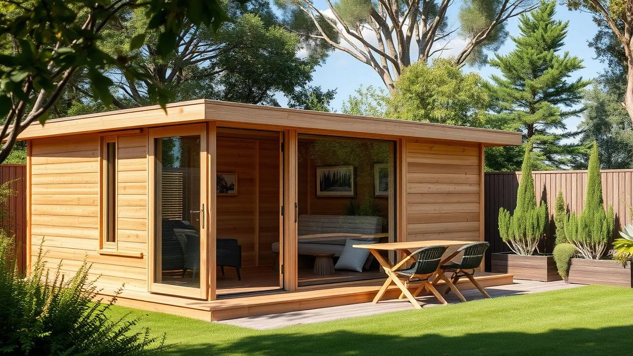 Studio de jardin en bois moderne et élégant dans un espace extérieur verdoyant, avec des voisins, mettant en valeur la qualité des matériaux et le design, souvent mentionné dans les greenkub avis.