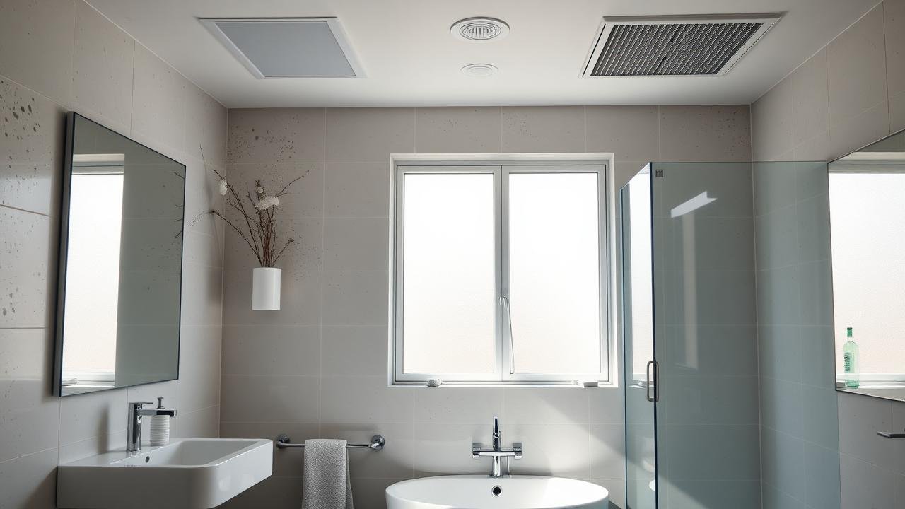 Salle de bain moderne avec VMC visible, affichant des signes d'humidité tels que buée sur les miroirs et tâches noires au plafond, illustrant l'humidité salle de bain malgré la vmc et des éléments de ventilation mal placés dans une lumière naturelle.