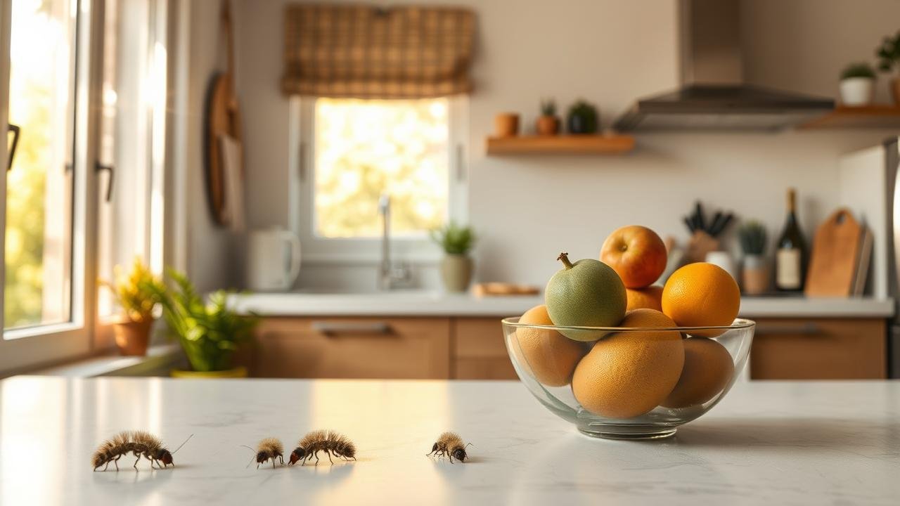 Image d'une cuisine moderne et propre où des fourmis en colonne se déplacent sur le plan de travail à côté d'un bol de fruits, illustrant une invasion de fourmis dans la maison, ce qui peut avoir une signification inquiétante, le tout baigné de lumière naturelle.