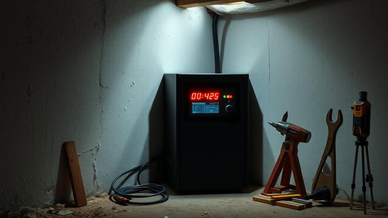 inverseur de polarité électromagnétique discret installé dans un sous-sol humide avec des taches de salpêtre, accompagné d'outils de bricolage, illustrant l'aspect moderne de l'appareil, idéal pour les personnes recherchant des avis sur les inverseurs de polarité électromagnétique.
