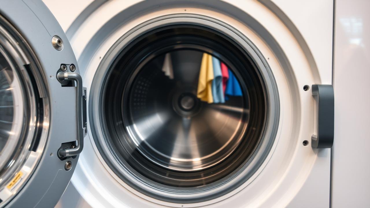 Machine à laver moderne ouverte avec des pièces visibles, incluant des roulements usés et amortisseurs endommagés, dans une buanderie en désordre, illustrant le bruit d'une machine à laver bruit marteau piqueur par des vibrations autour de l'appareil.