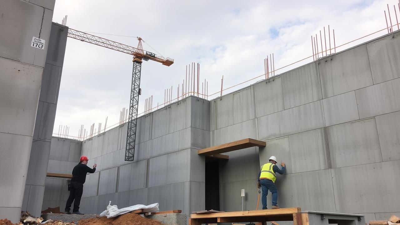 Chantier de construction d'une maison en béton banché avec des ouvriers plaçant des banches et coulant du béton sous un ciel nuageux, montrant des murs droits et épais ainsi que des armatures en acier et des outils de construction.