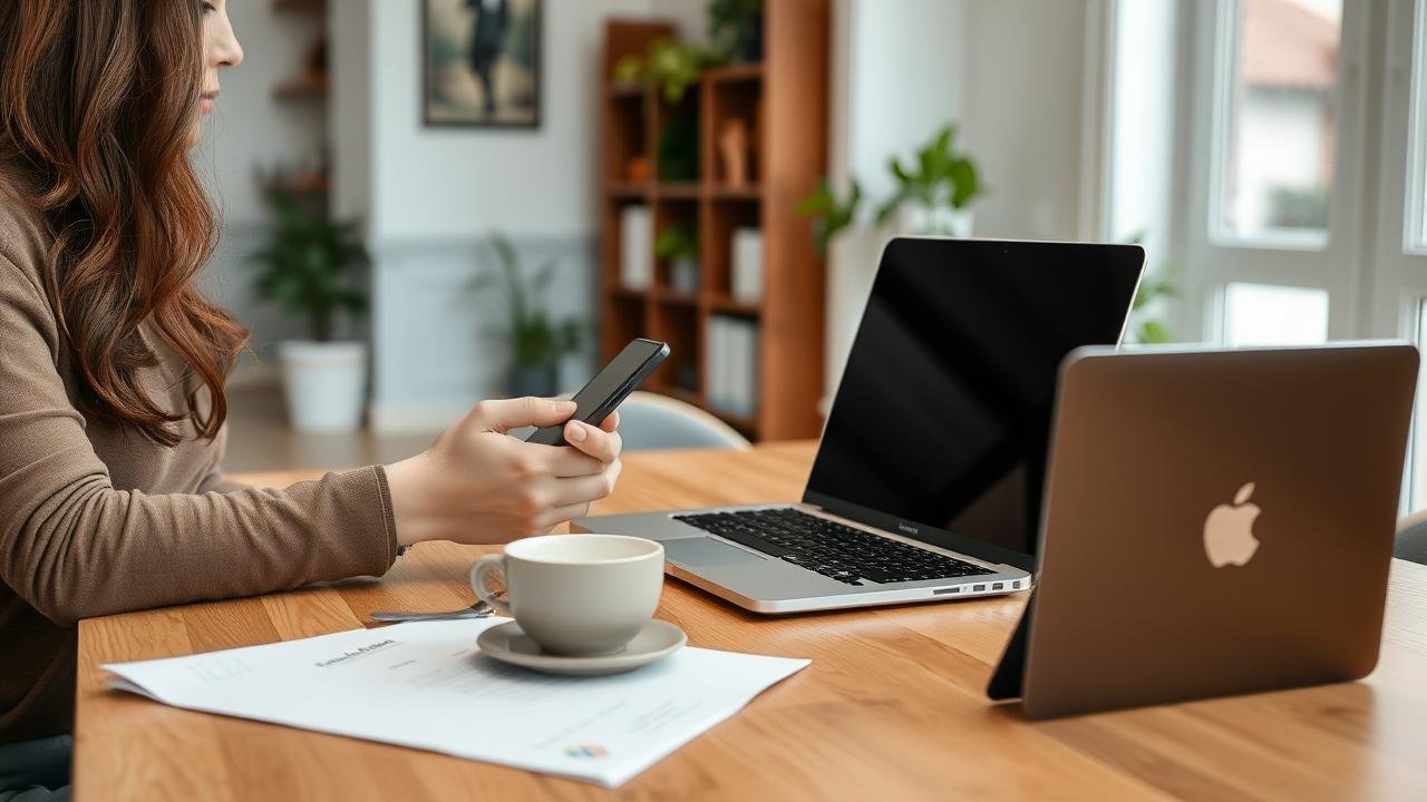 Personne assise à une table en bois utilisant un smartphone pour accéder à l'application de gestion immobilière myfoncia mon compte, avec un ordinateur portable ouvert, des documents de copropriété bien organisés et une tasse de café dans une pièce moderne et bien éclairée.