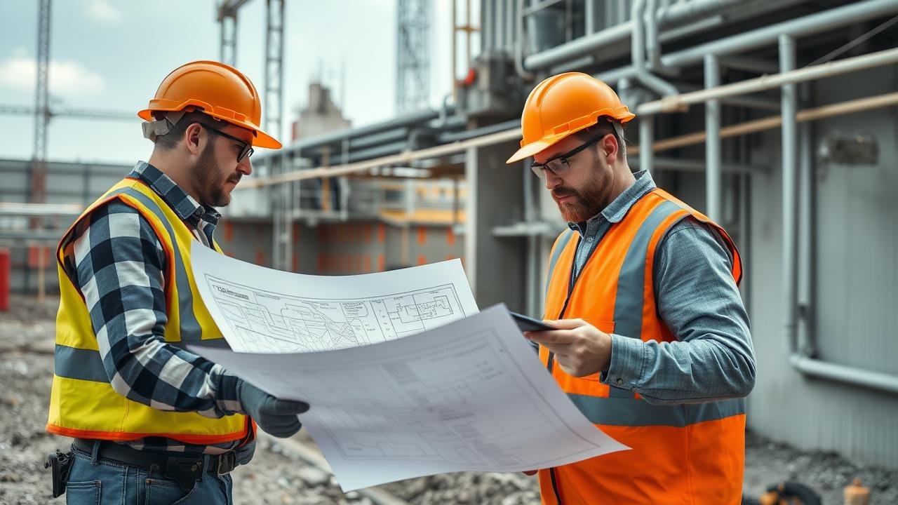 Chantier de construction dynamique avec des travailleurs examinant des canalisations et utilisant des plans de récolement, illustrant la définition du plan de récolement dans un environnement d'infrastructure réaliste.