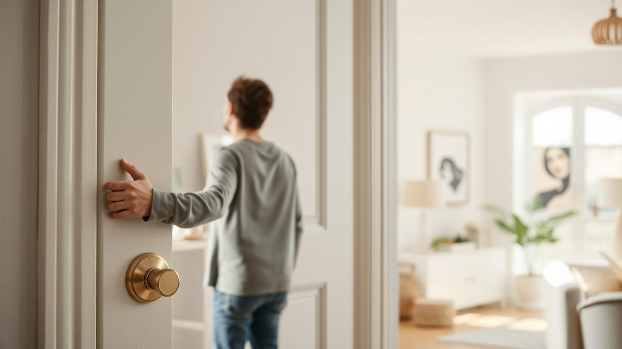 Un individu poussant une porte vers l'intérieur avec sa main droite, tandis qu'un intérieur de maison lumineux et moderne se dévoile en arrière-plan, illustrant l'action de pousser à droite ou gauche.