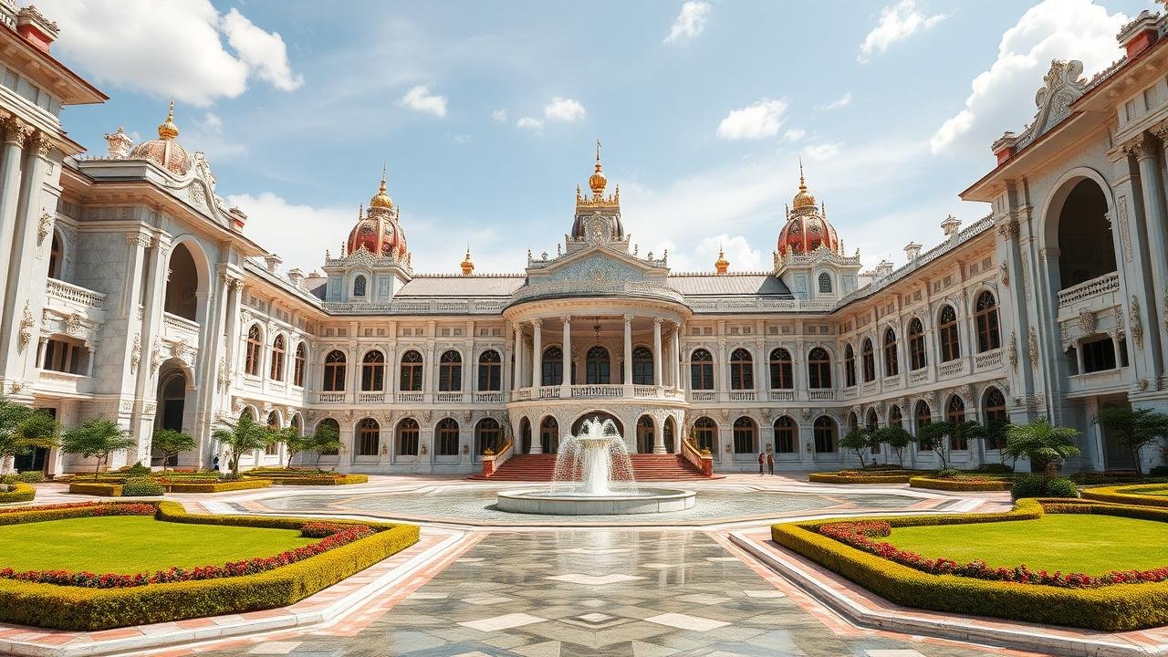 Palais majestueux inspiré du Palais Istana Nurul Iman à Brunei, avec une architecture malaïs grandiose, marbres luxueux, nombreuses fenêtres et dorures, entouré de vastes jardins et fontaines, illustrant l'opulence et la grandeur, tout en se demandant quelle est la maison la plus grande du monde.