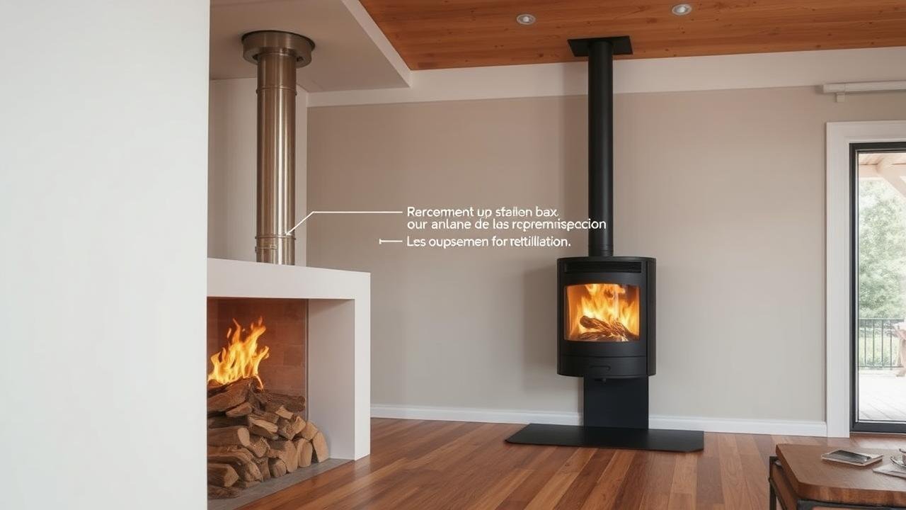 Intérieur chaleureux d'une maison avec un poêle à bois moderne et un raccordement poêle à bois avec coude en métal, montrant un plafond bas et des obstacles architecturaux.