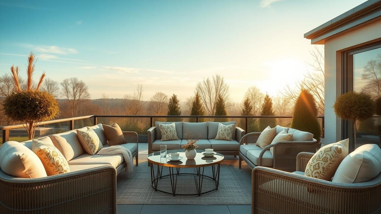 Élégant salon de jardin qui peut rester dehors l'hiver en résine tressée et aluminium, décoré avec des coussins bien rangés, sous un ciel clair et lumineux, donnant une atmosphère chaleureuse avec une tasse de café à côté.