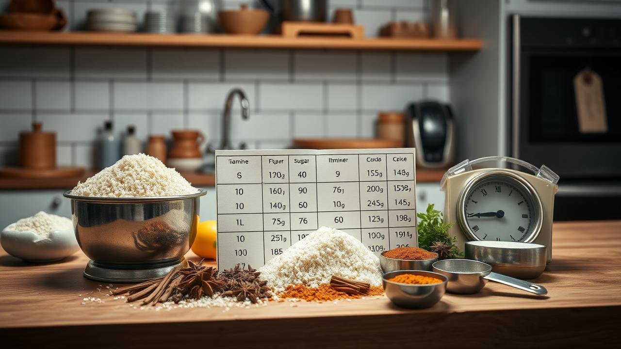 Table de conversion des grammes illustrant des ingrédients italiens comme de la farine et du sucre, disposés de manière artistique sur une cuisine bien éclairée, avec une balance et des cuillères à mesurer en désordre.