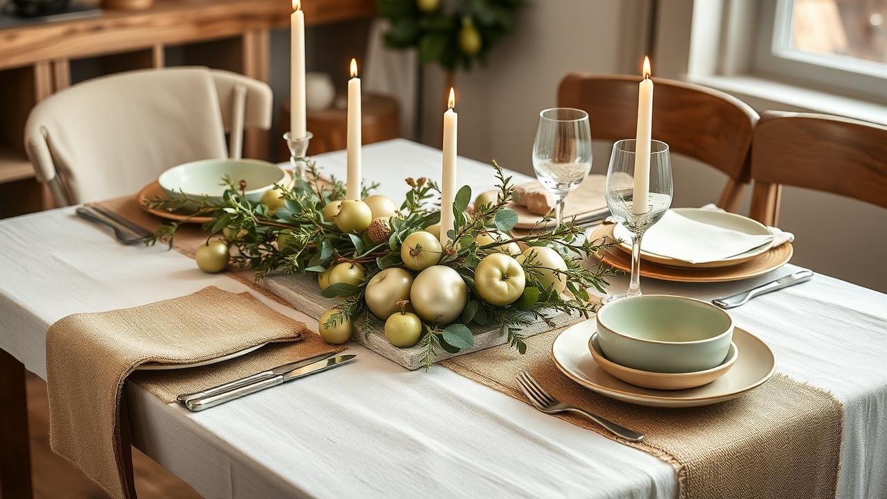 Table de Noël vert et blanc décorée avec des nuances de vert sauge et vert d'eau, éléments en bois brut et jute, bougies blanches, pommes de pin, centre de table en branches de sapin et eucalyptus sur une nappe en lin blanc cassé, ambiance chaleureuse et épurée.