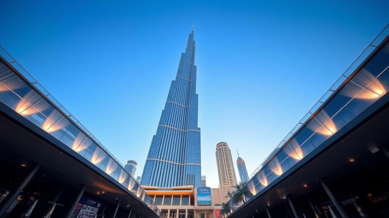 Vue impressionnante de la tour Almas Tower à Dubaï, entourée de lacs artificiels et d'un ciel bleu clair, mettant en valeur la taille de la tour Almas Tower et son architecture moderne.
