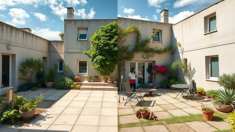 Image montrant la transformation d'une cour en jardin, avec des espaces bétonnés démolis, des plantes florissantes, un coin détente avec des chaises et une table, le tout sous un ciel ensoleillé et des ombres douces.